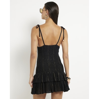 Black Sleeveless Shirred Mini Beach Dress
