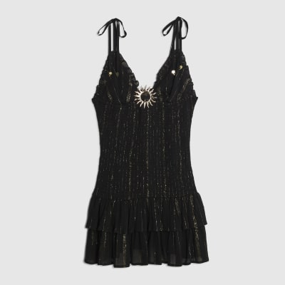 Black Sleeveless Shirred Mini Beach Dress