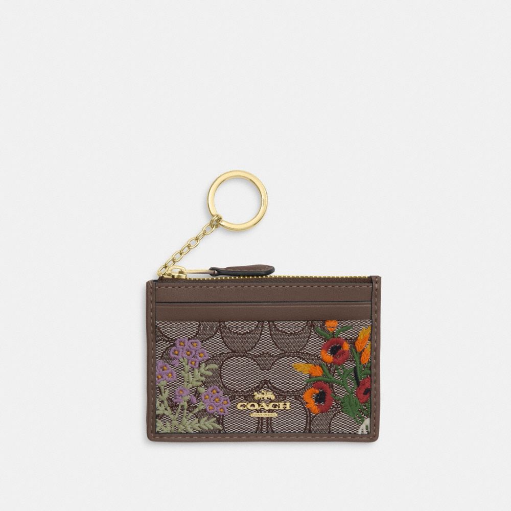 Coach Mini Skinny Id Case In Signature Jacquard With Floral Embroidery Gold Oak Multi