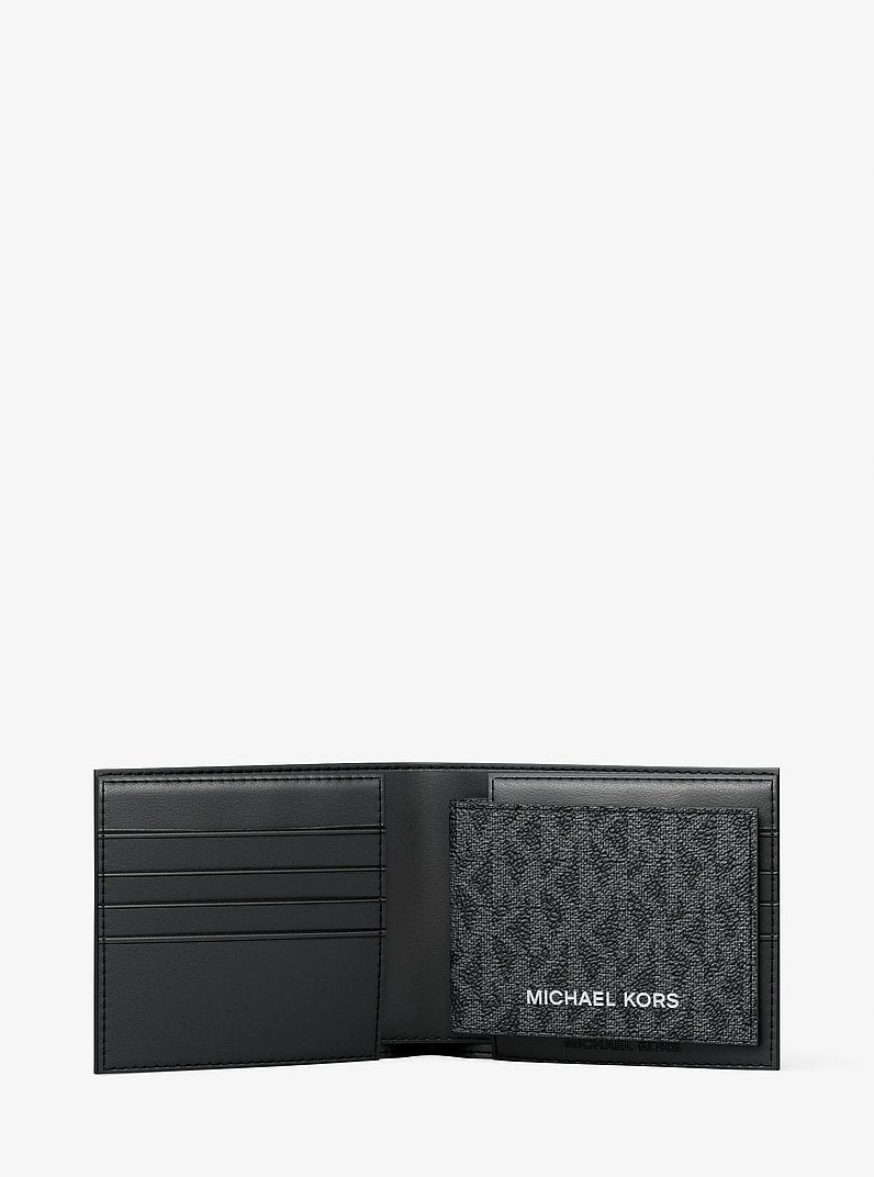 Michael Kors Cooper Striped Signature Logo Billfold Wallet With Passcase Black Combo