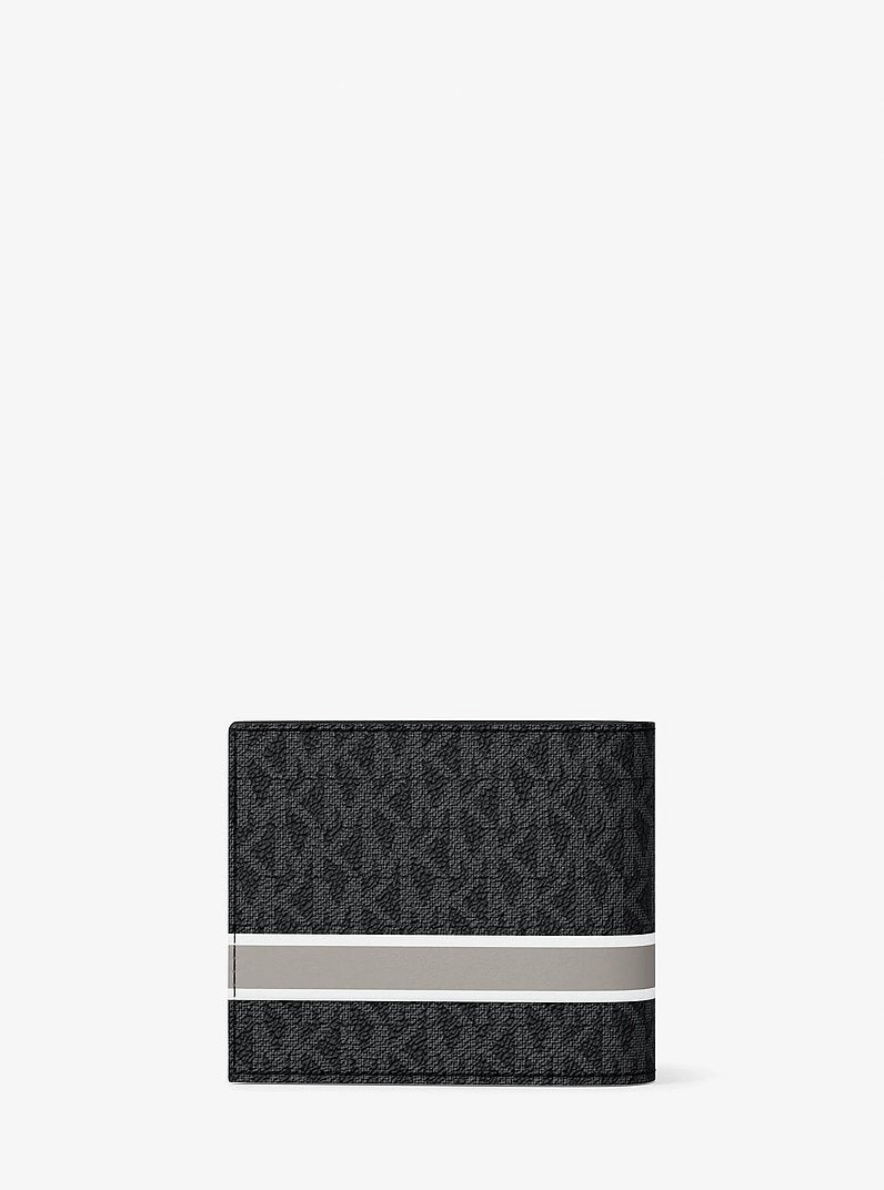 Michael Kors Cooper Striped Signature Logo Billfold Wallet With Passcase Black Combo