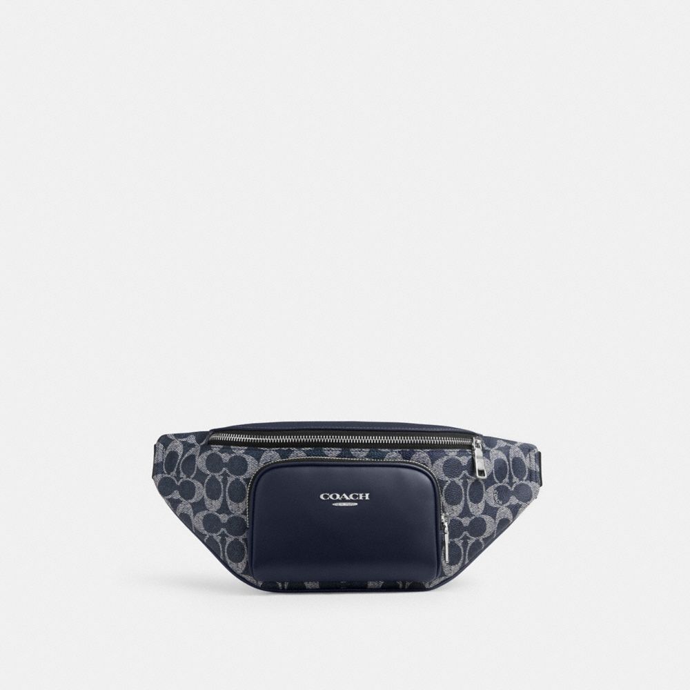 Coach Racer Small Belt Bag In Signature Canvas Silver Denim Chalk