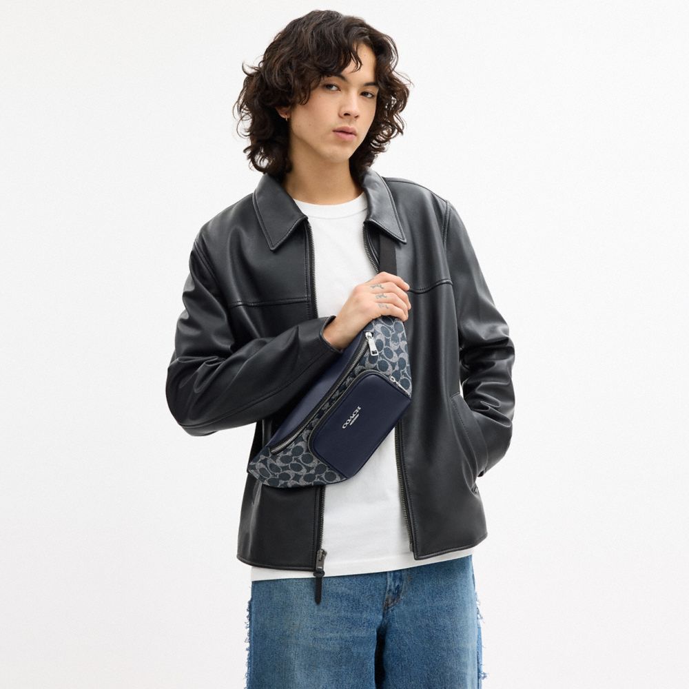 Coach Racer Small Belt Bag In Signature Canvas Silver Denim Chalk