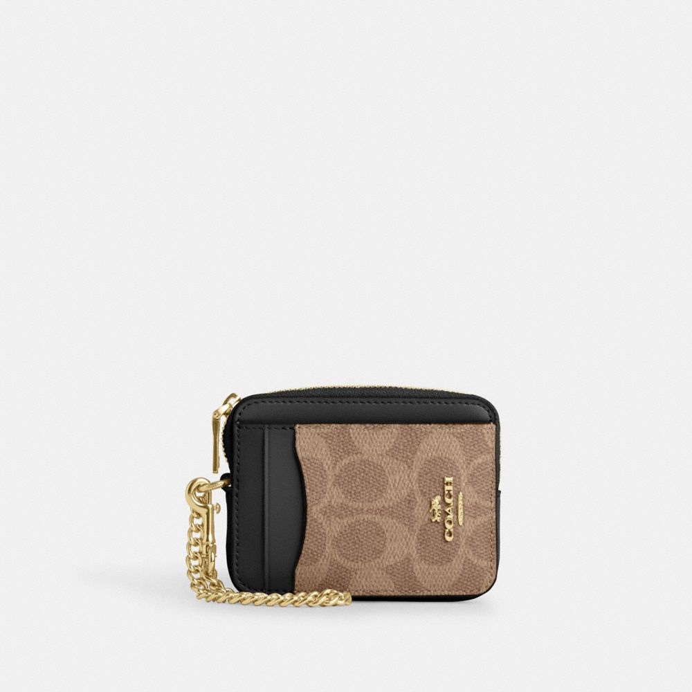 Coach Zip Card Case In Signature Canvas Gold Tan Black