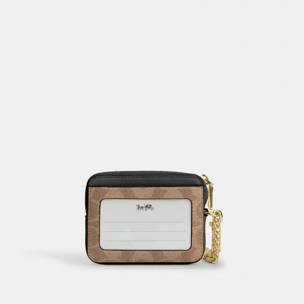 Coach Zip Card Case In Signature Canvas Gold Tan Black
