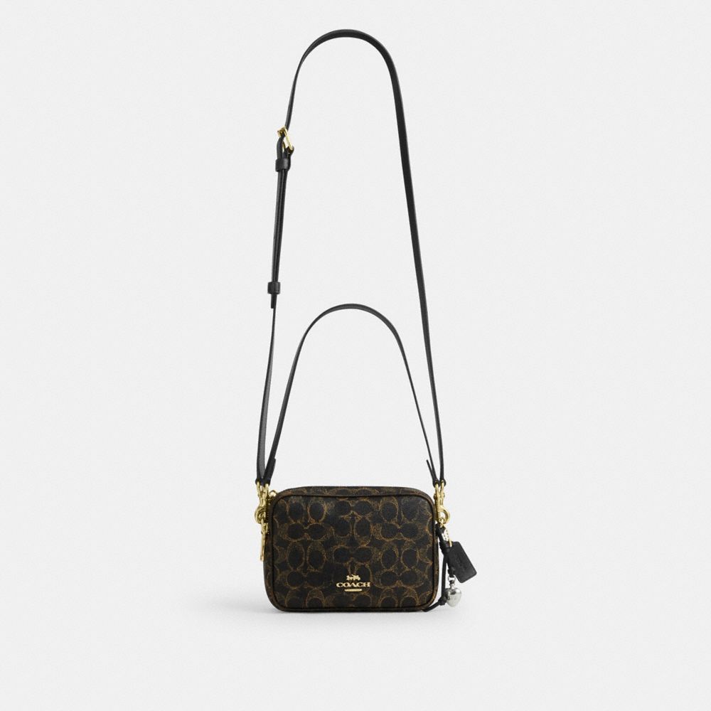 Coach Mini Carey Crossbody Bag In Loved Signature Canvas Gold Brown