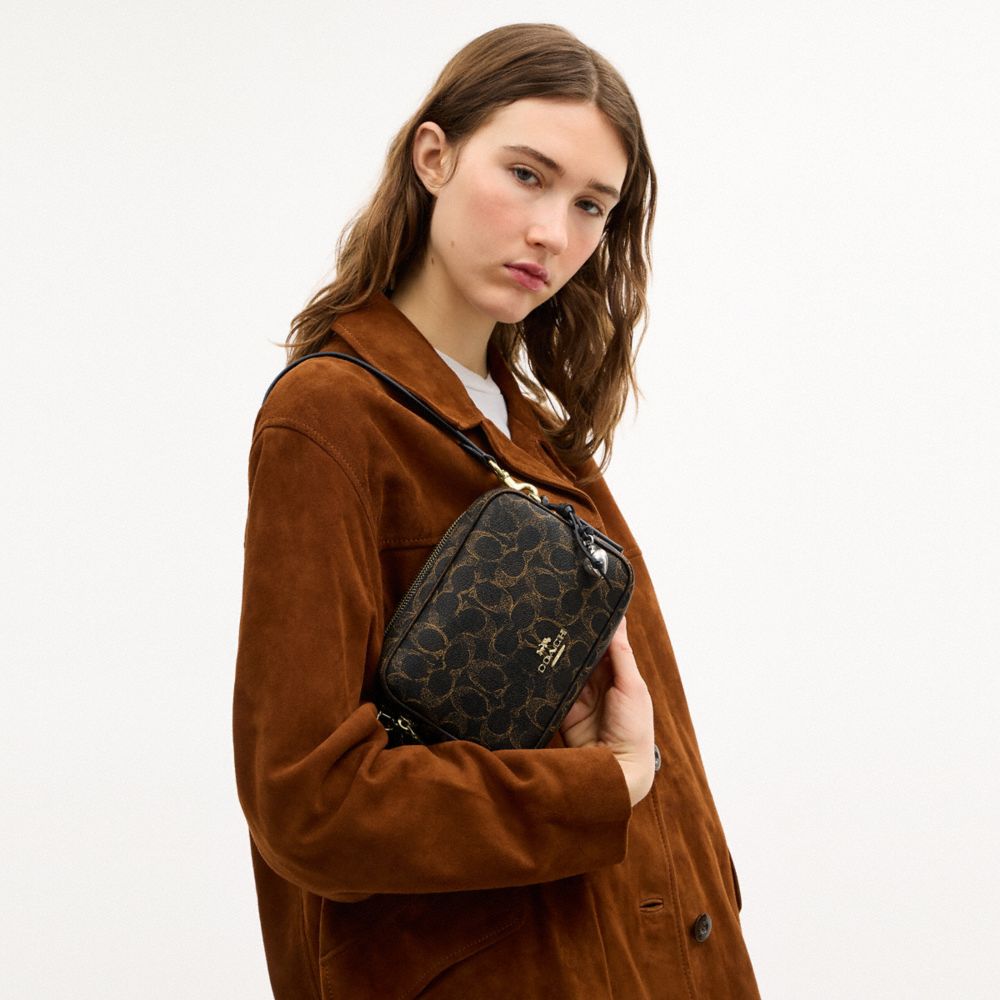 Coach Mini Carey Crossbody Bag In Loved Signature Canvas Gold Brown