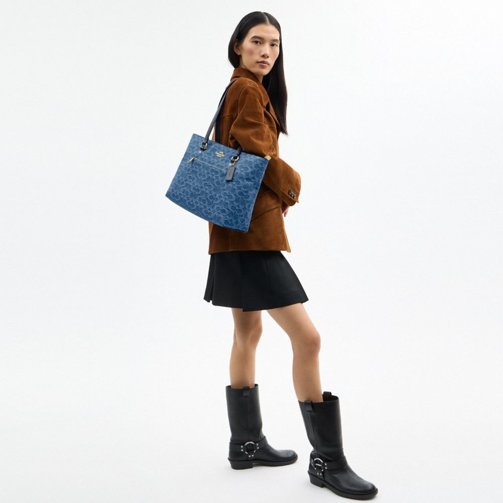 Coach Station Tote Bag In Signature Denim Gold Indigo