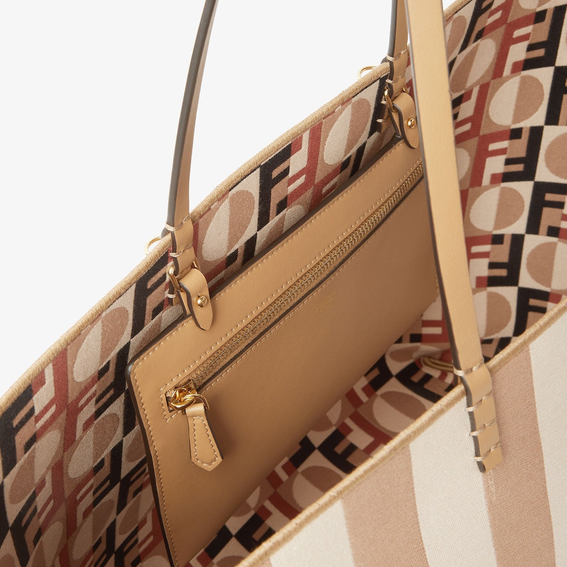 Cappuccino striped Pequin and Fendi Reversible Optical jacquard fabric shopper