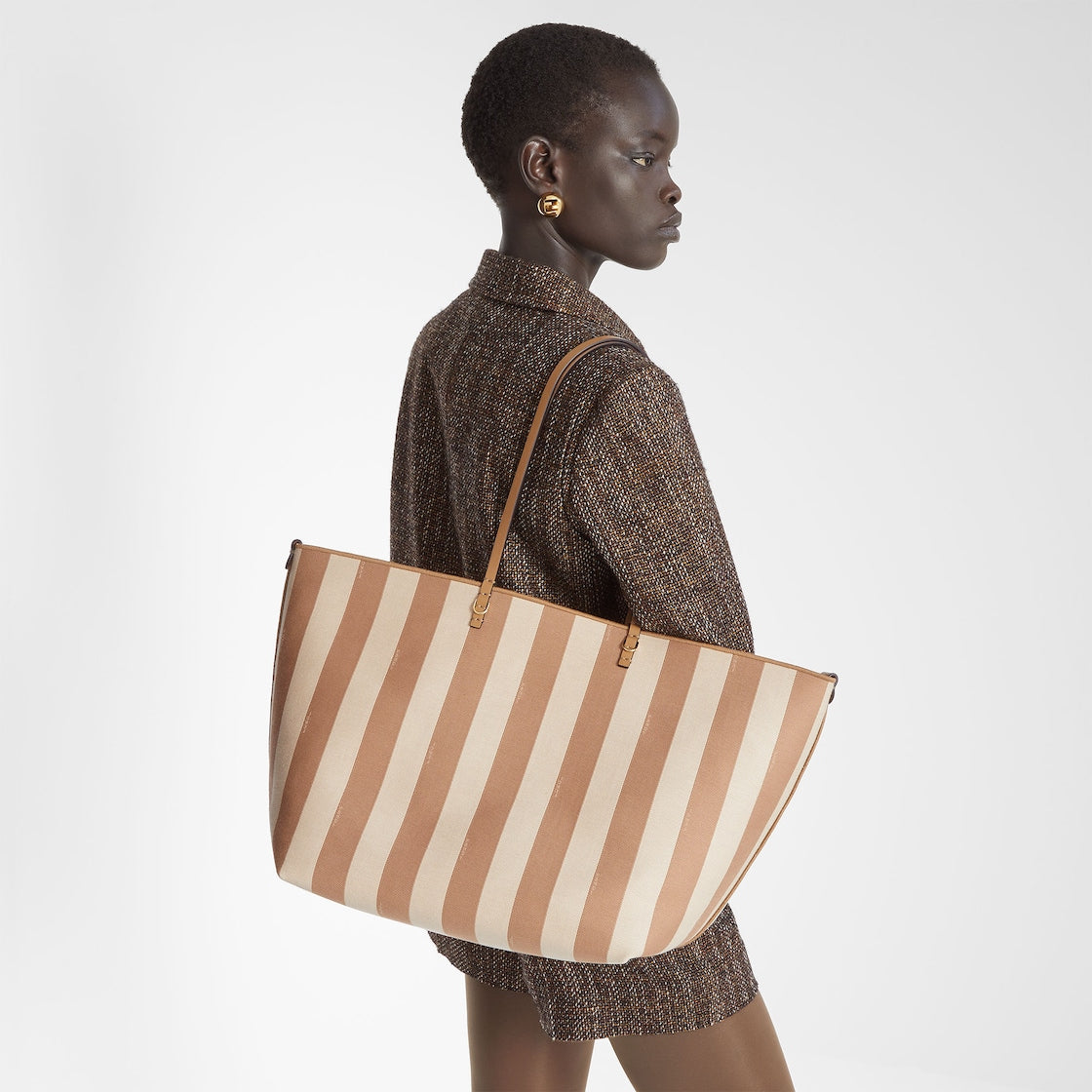 Cappuccino striped Pequin and Fendi Reversible Optical jacquard fabric shopper