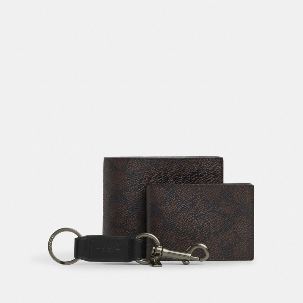 Coach Boxed 3 In 1 Wallet Gift Set In Signature Canvas Gunmetal Walnut Black