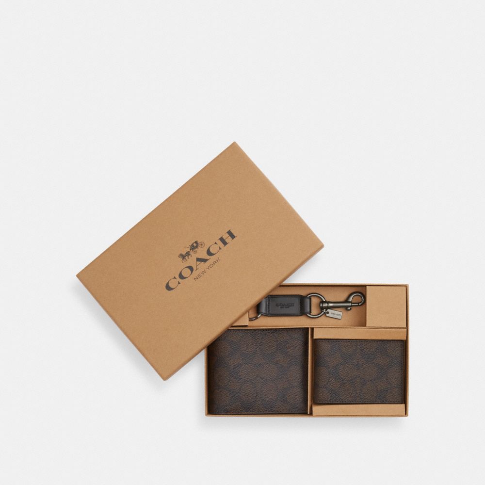 Coach Boxed 3 In 1 Wallet Gift Set In Signature Canvas Gunmetal Walnut Black
