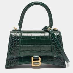 Balenciaga Green Croc Embossed Leather Small Hourglass Top Handle Bag