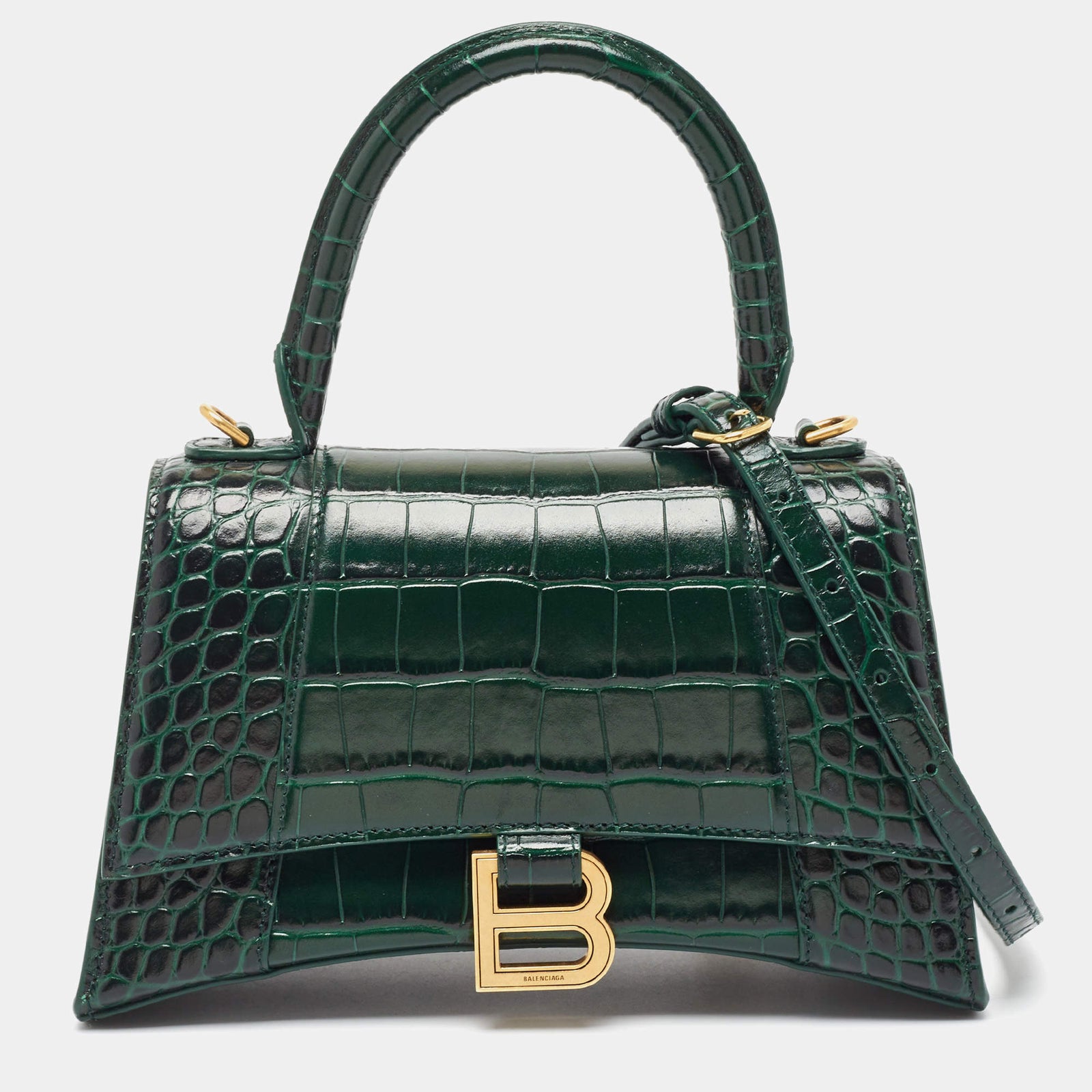 Balenciaga Green Croc Embossed Leather Small Hourglass Top Handle Bag