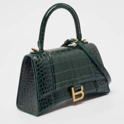 Balenciaga Green Croc Embossed Leather Small Hourglass Top Handle Bag