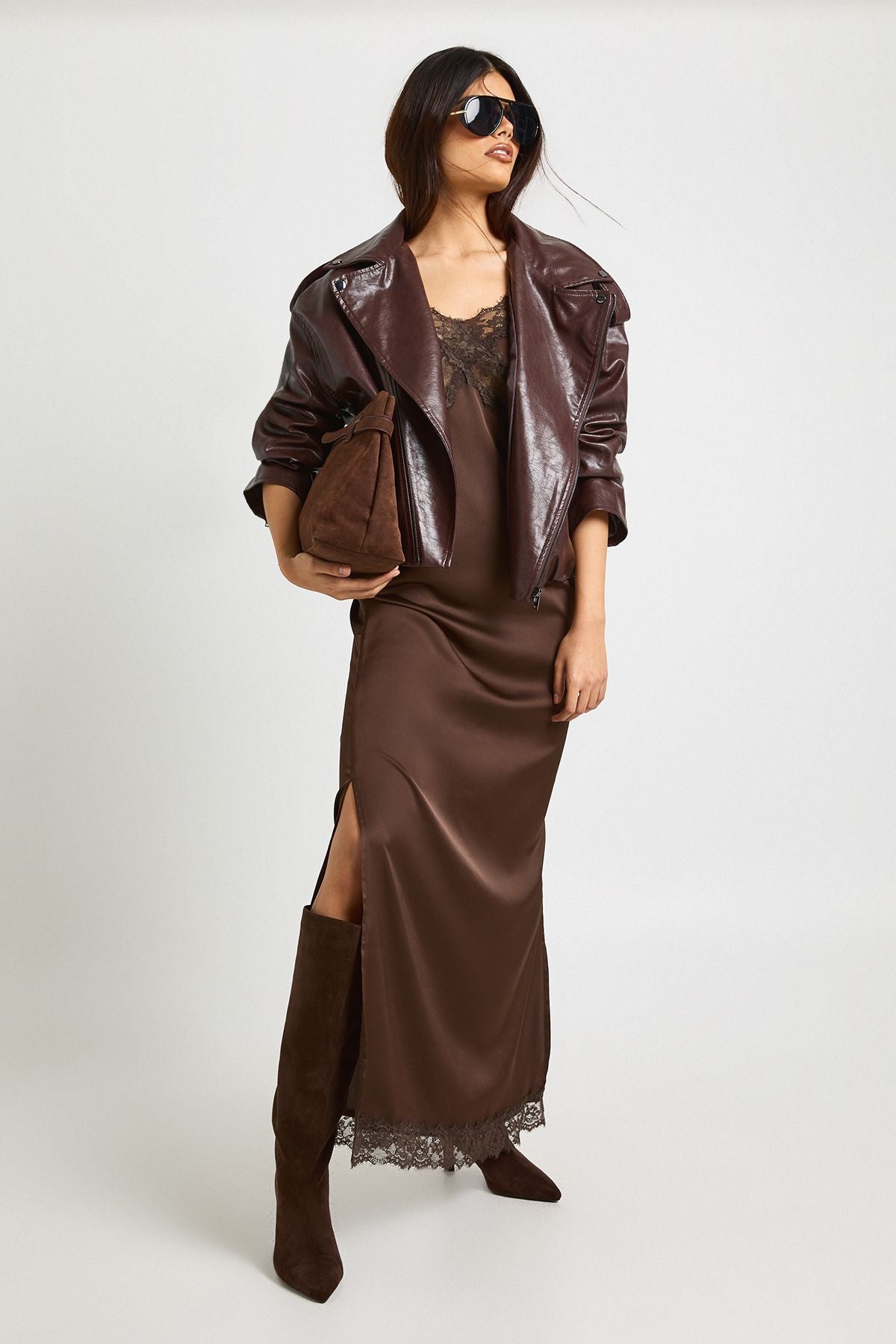 Satin Lace Mix Column Maxi Dress