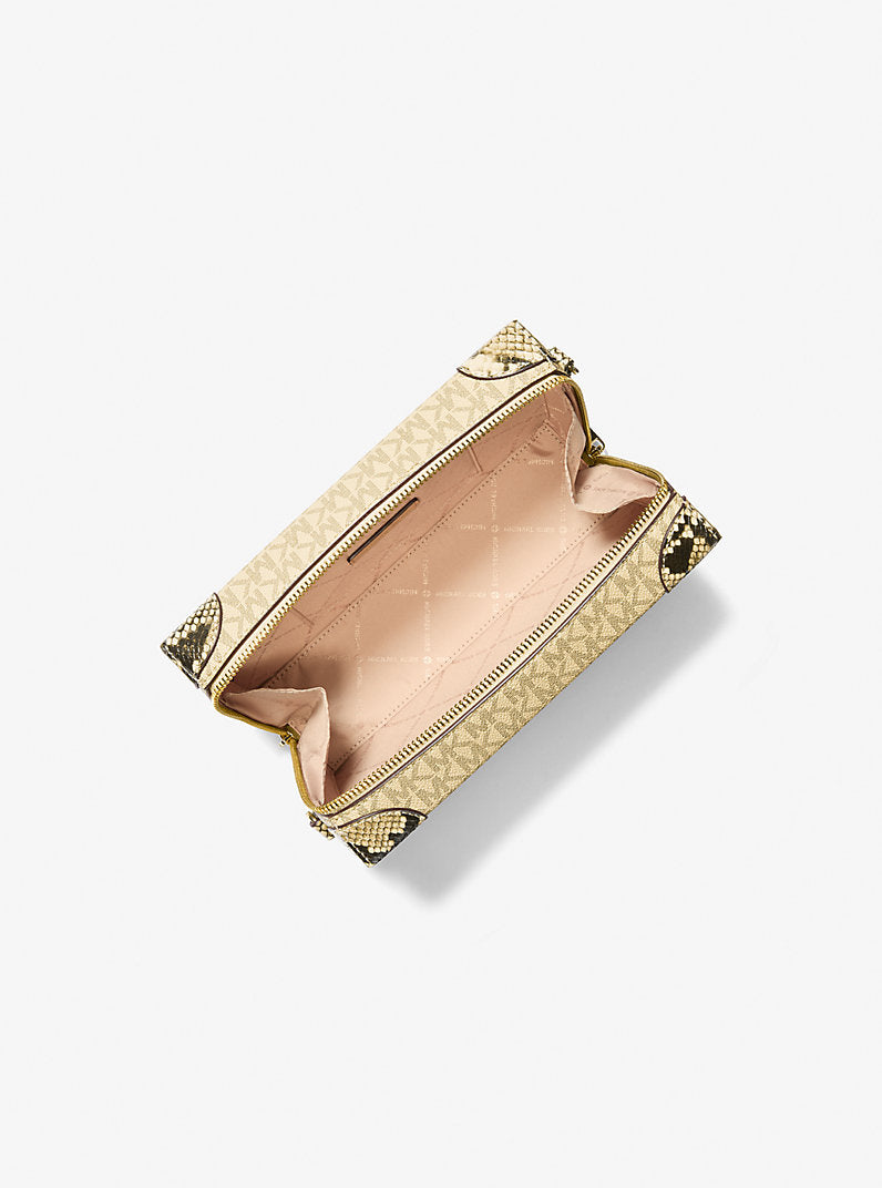 Jeanie Small Metallic Signature Logo and Snake Embossed Trunk Crossbody Bag