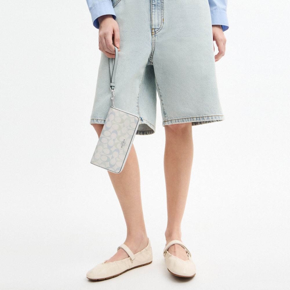 Coach Long Zip Around Wallet In Signature Canvas Silver Chalk Blue