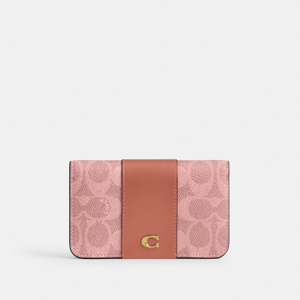 Coach Essential Slim Card Case In Signature Canvas Brass Melon Pink