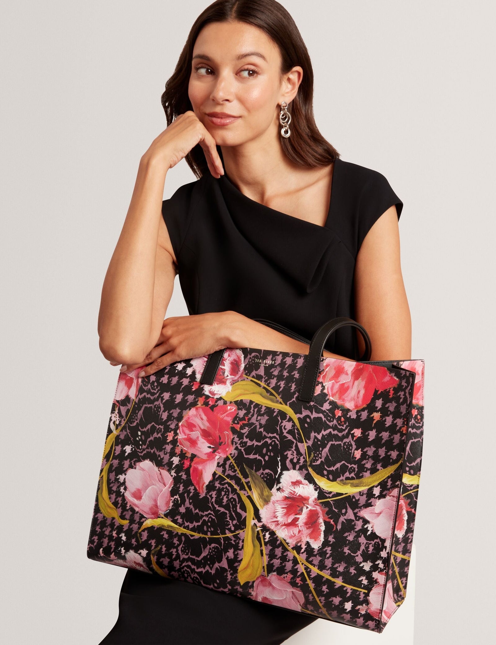 Ted Baker Tulah Floral Check Print Wide Icon Tote Bag In Black Women's