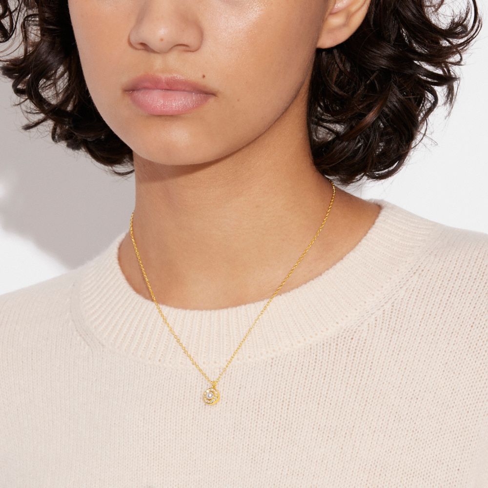 Coach Signature Crystal Pearl Pendant Necklace Gold