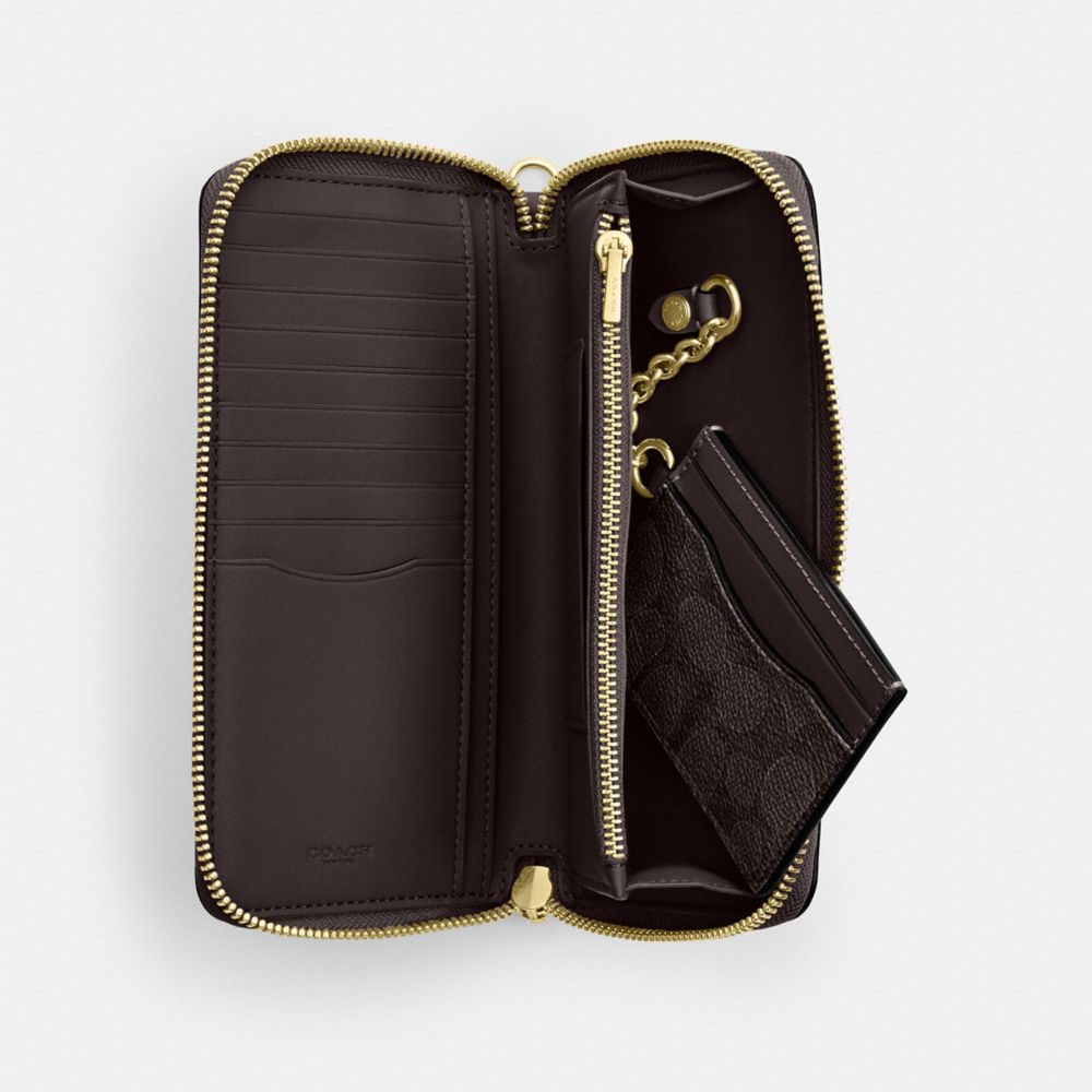 Coach Long Zip Around Wallet With Detachable Card Case In Signature Canvas Gold Walnut Black