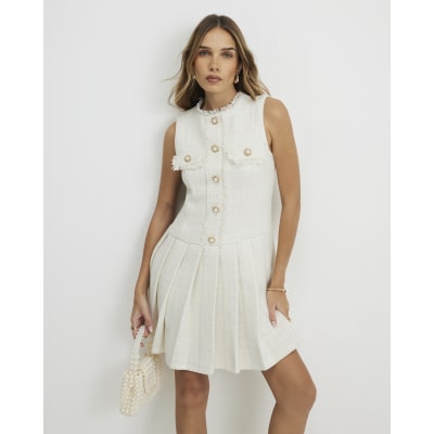 Cream Boucle Pleated Hem Mini Dress