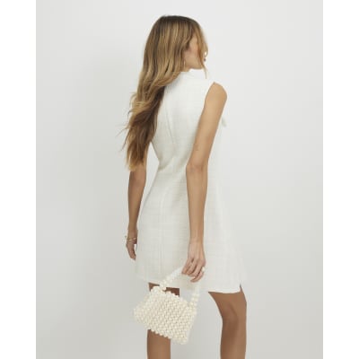 Cream Boucle Pleated Hem Mini Dress