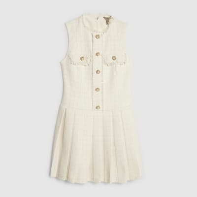 Cream Boucle Pleated Hem Mini Dress