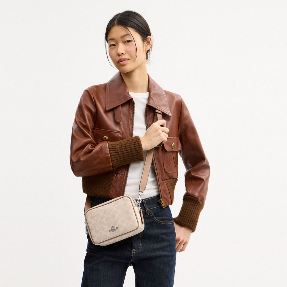 Coach Mini Carey Crossbody Bag In Signature Canvas Silver Sand Taupe