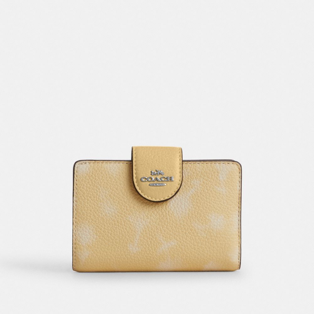 Coach Medium Corner Zip Wallet With Floral Print Silver Washed Yellow