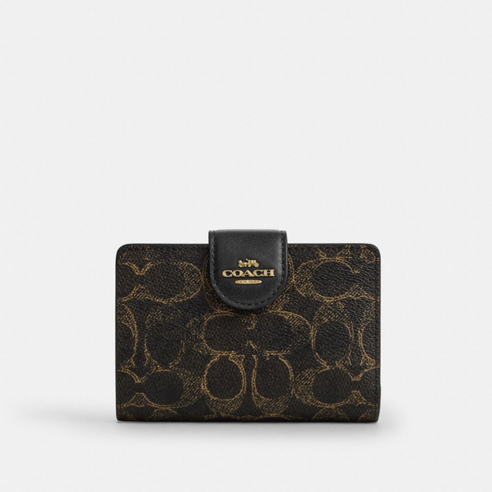 Coach Medium Corner Zip Wallet In Loved Signature Canvas Gold Brown