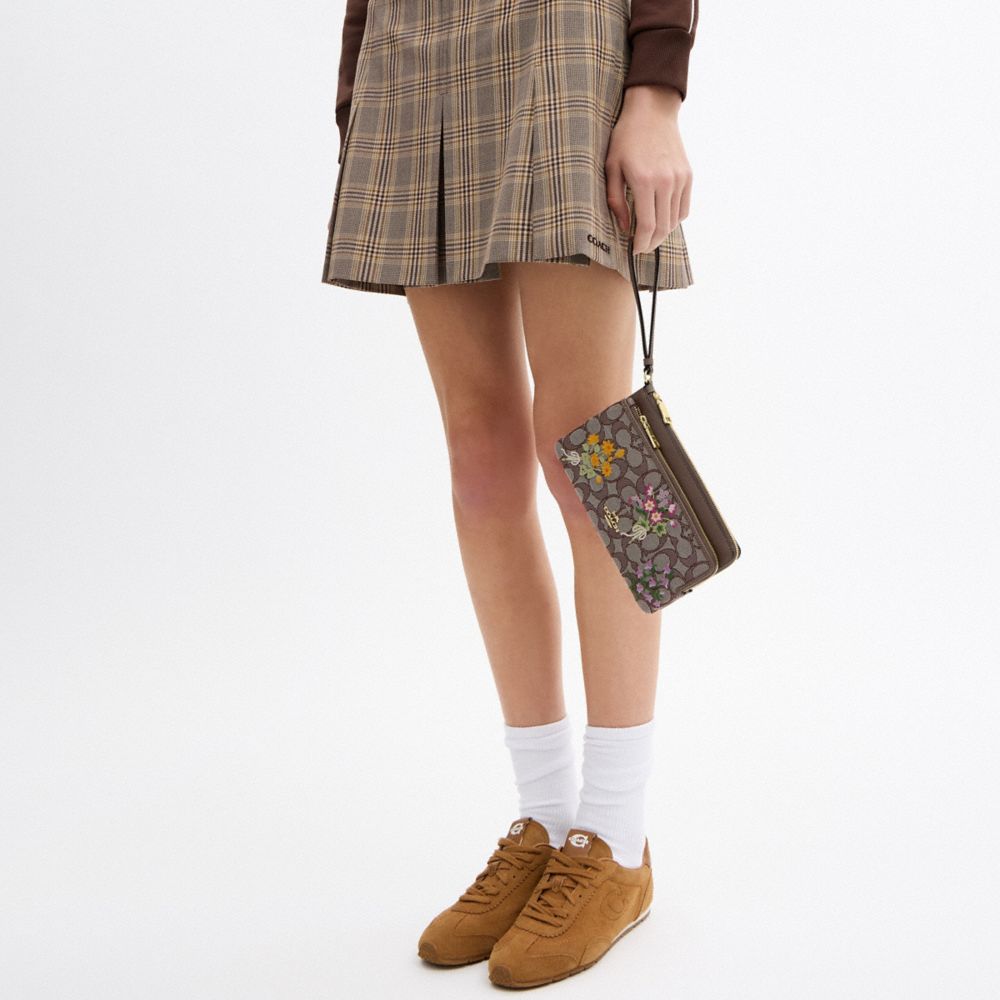 Coach Double Zip Wristlet In Signature Jacquard With Floral Embroidery Gold Oak Multi