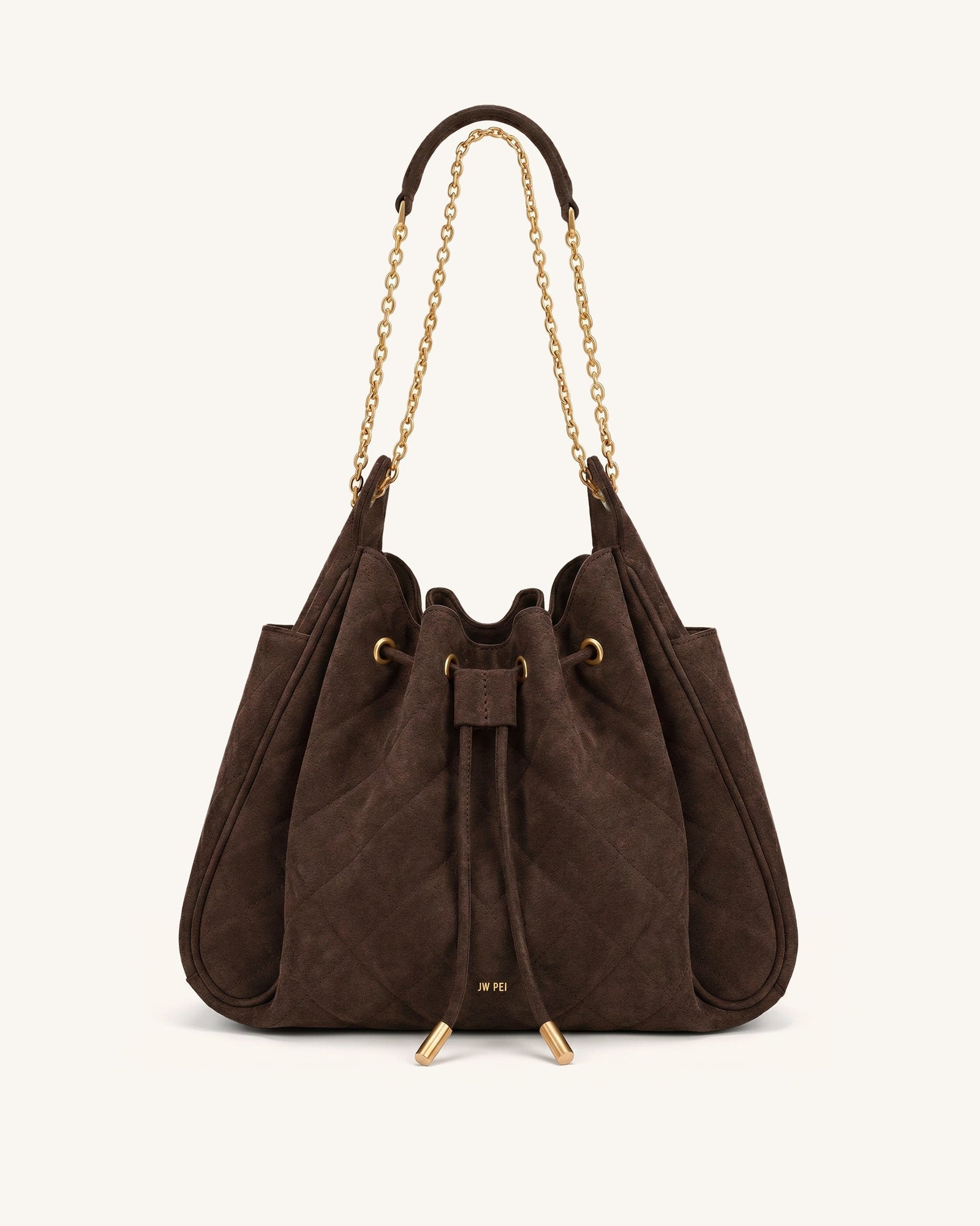 Rowan Faux Suede Quilted Chain Bucket Bag - Dark Brown