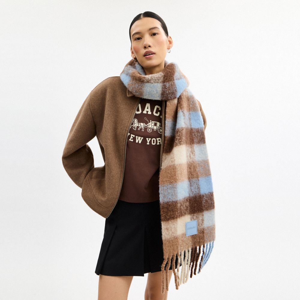 Oversized Plaid Muffler With Rubber Patch