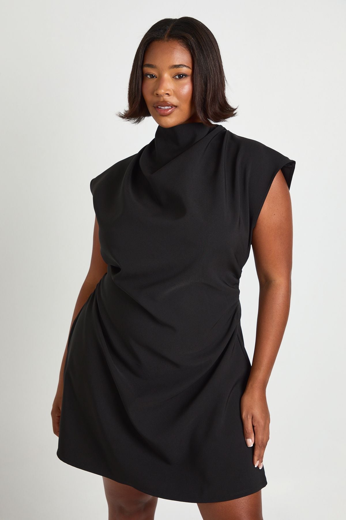 Plus Asymmetric Ruched Cap Sleeve Shift Dress