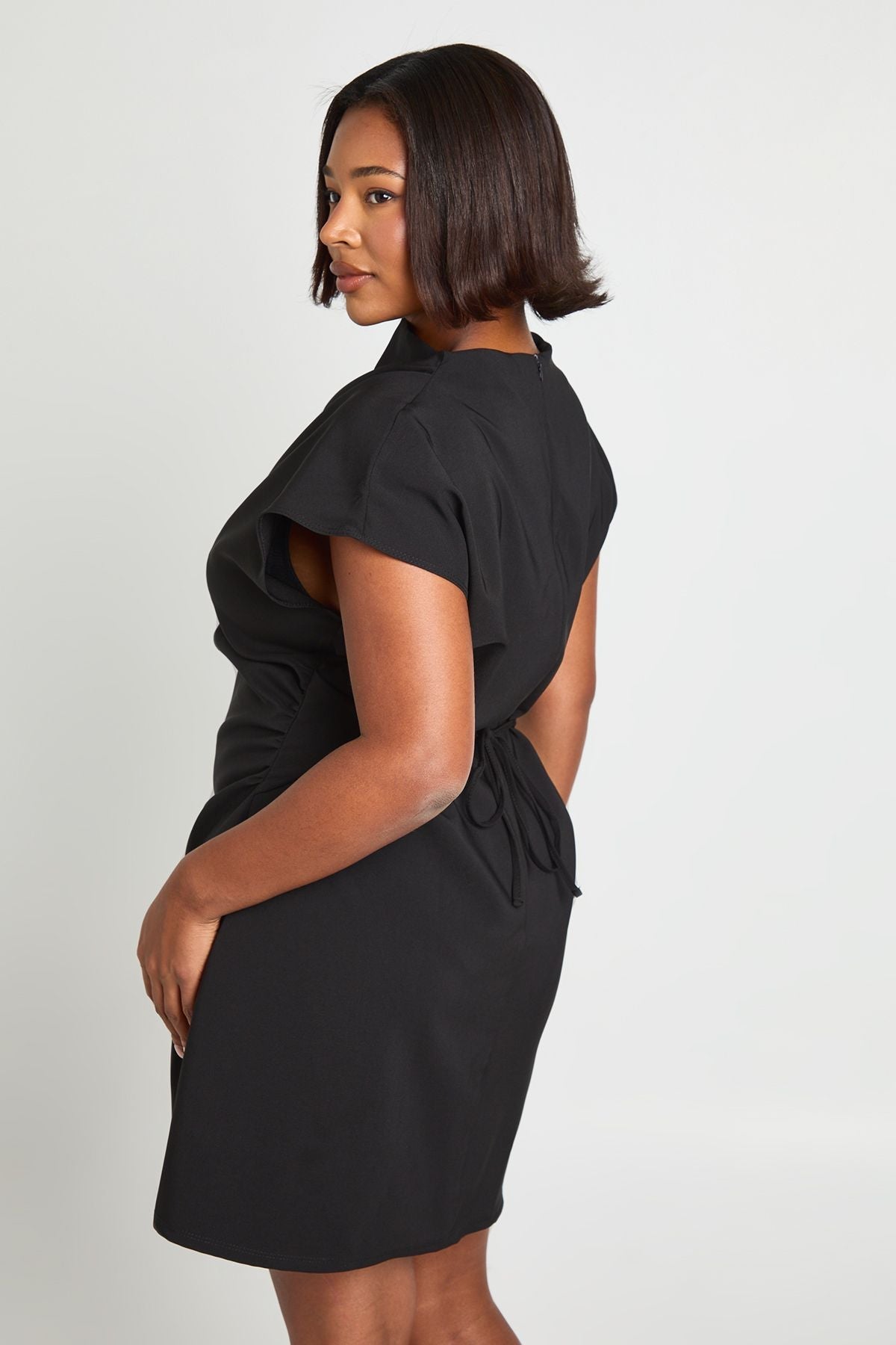Plus Asymmetric Ruched Cap Sleeve Shift Dress