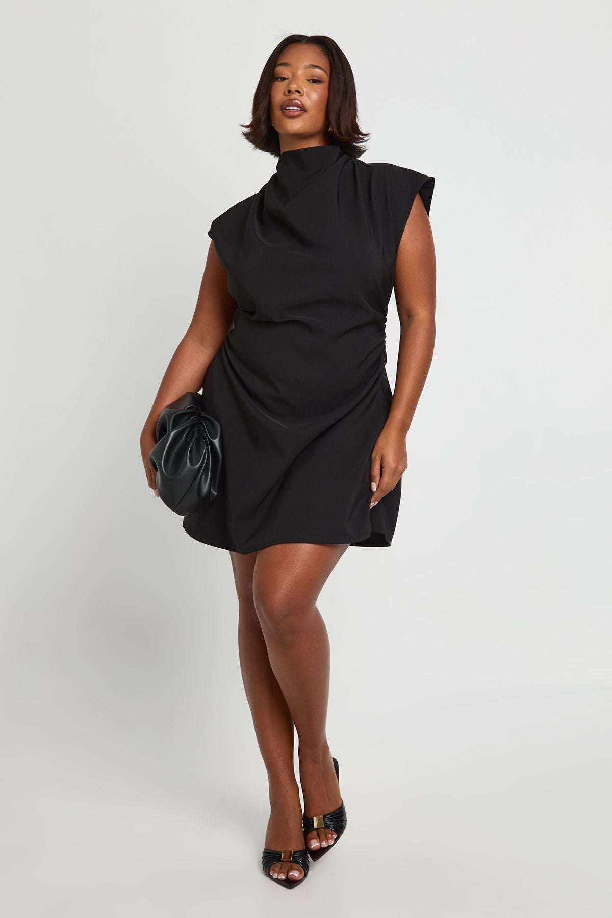 Plus Asymmetric Ruched Cap Sleeve Shift Dress