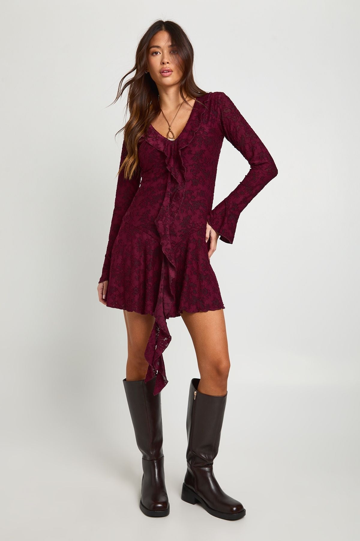 Burnout Floral Ruffle Front Mini Dress