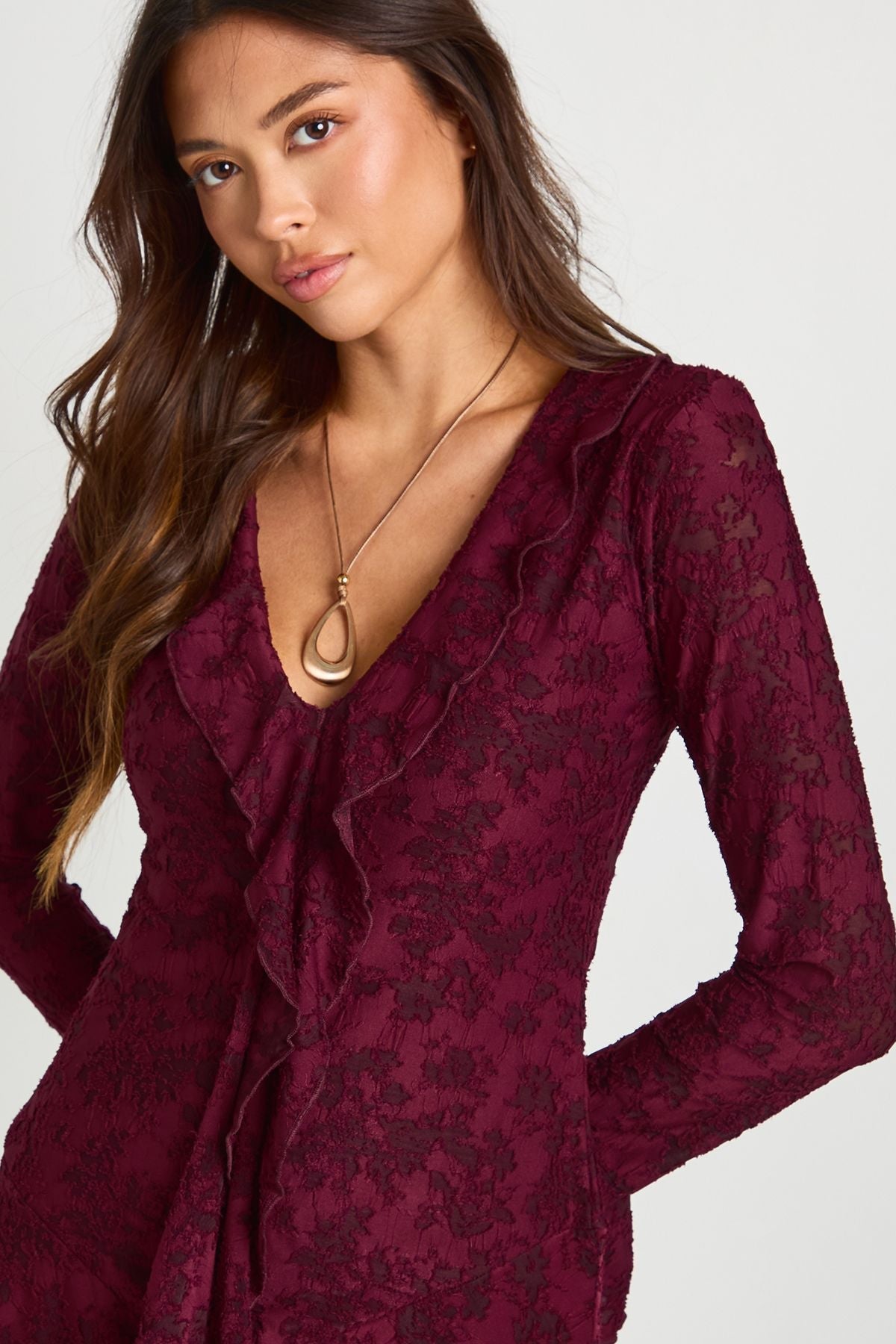Burnout Floral Ruffle Front Mini Dress