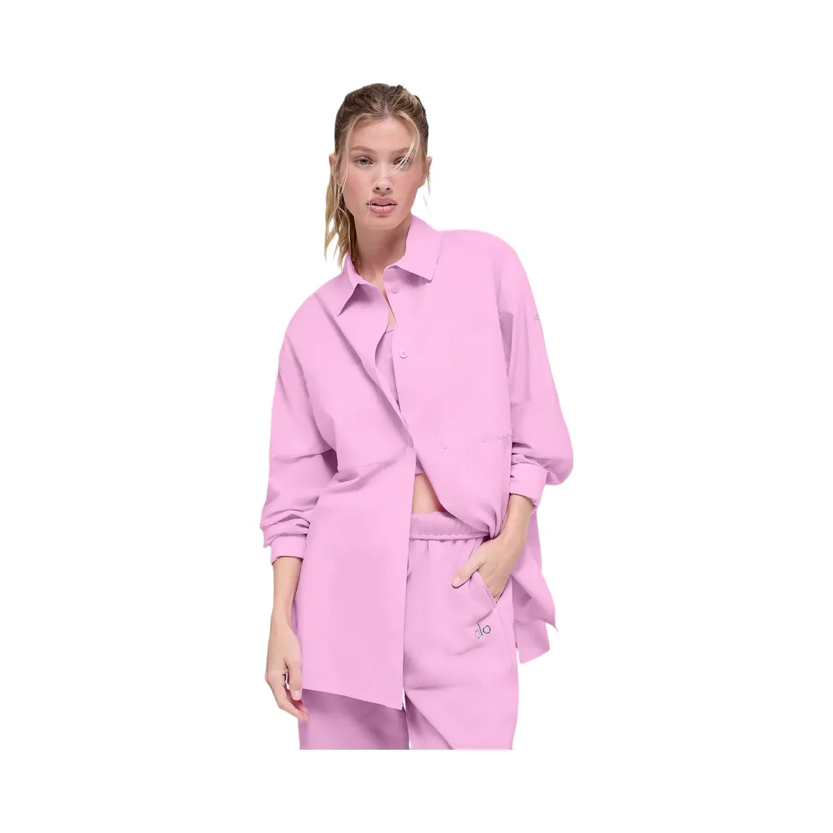 Alo Women's Cotton Real Deal Button Up Long Sleeve - Candy Heart Pink