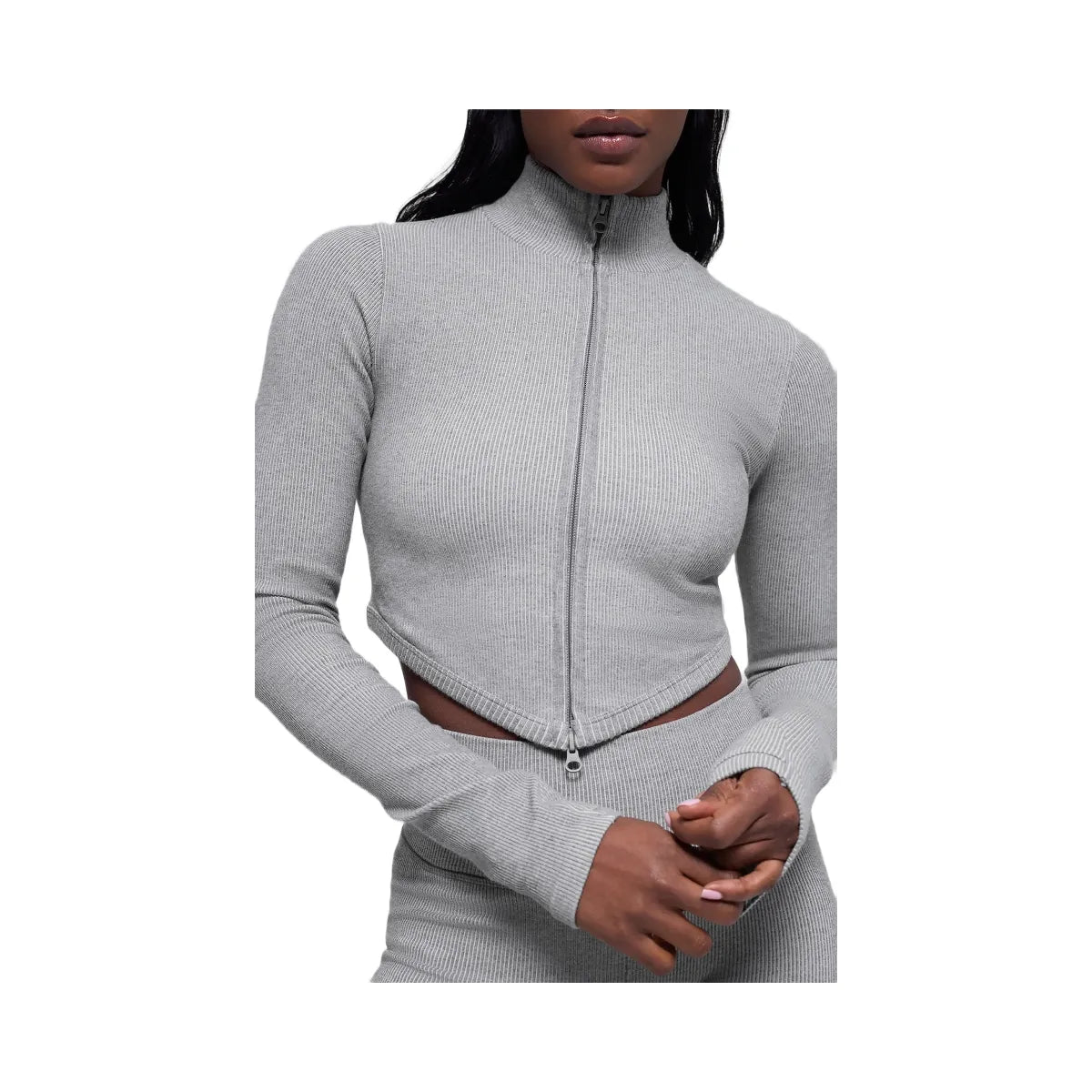Alo Women's Seamless Two Tone Rib Jacket - Light Misty Grey Heather