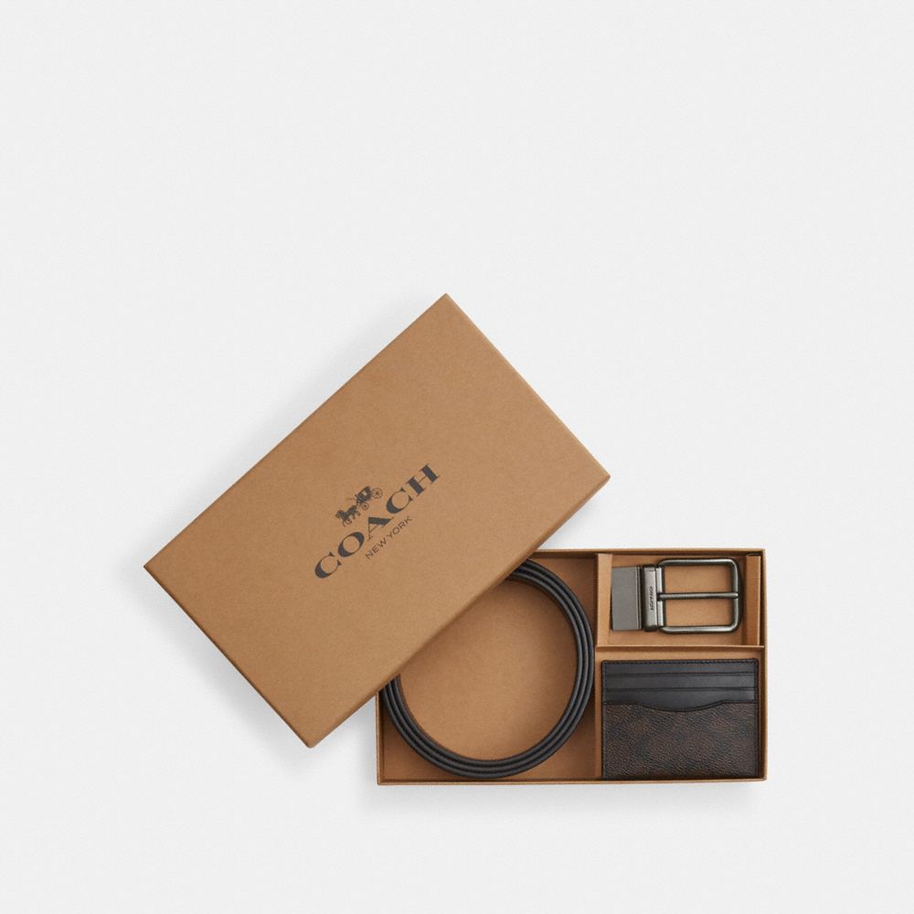 Coach Boxed Card Case And Belt Set In Signature Canvas Gunmetal Walnut Black