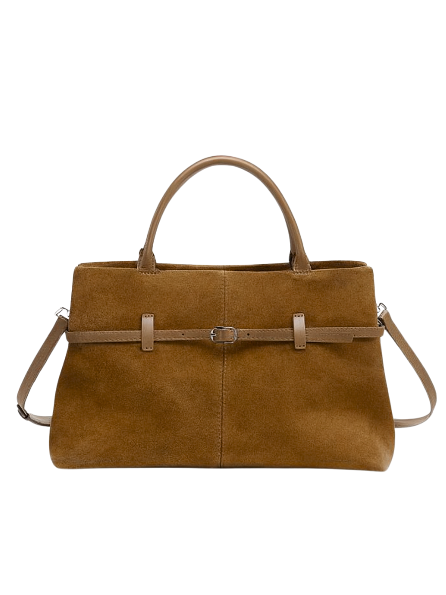Serena -Ladies suede leather satchel bag, col. Tan