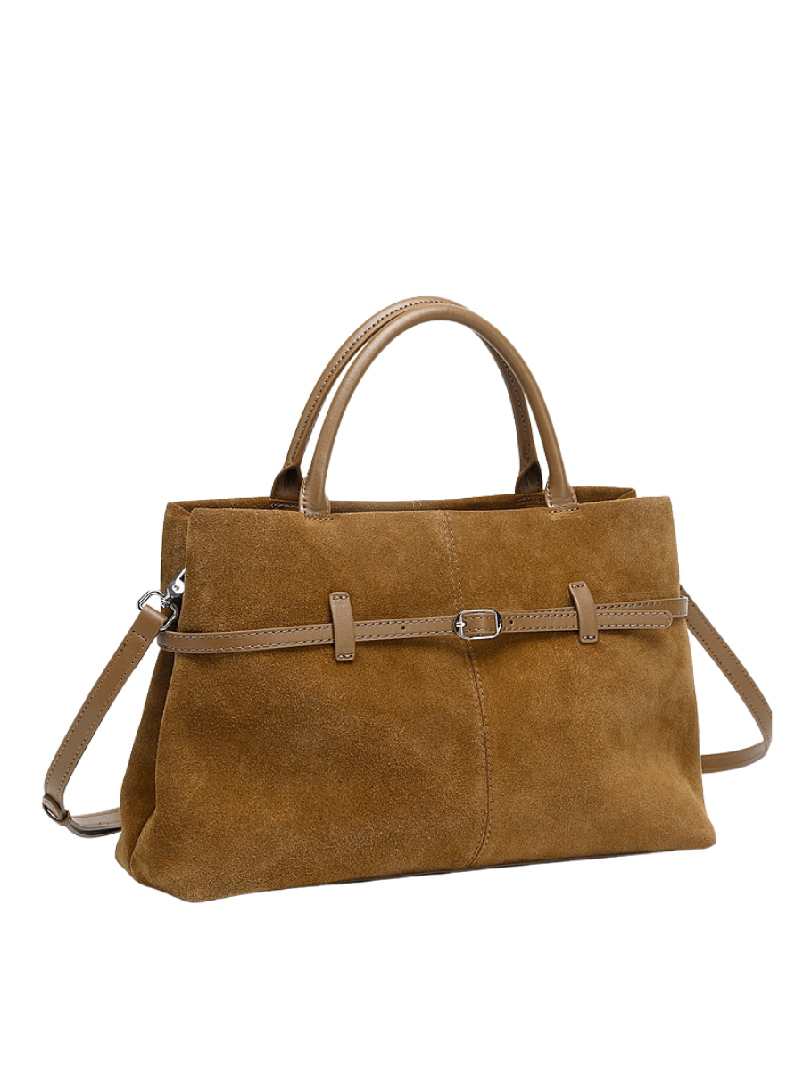 Serena -Ladies suede leather satchel bag, col. Tan