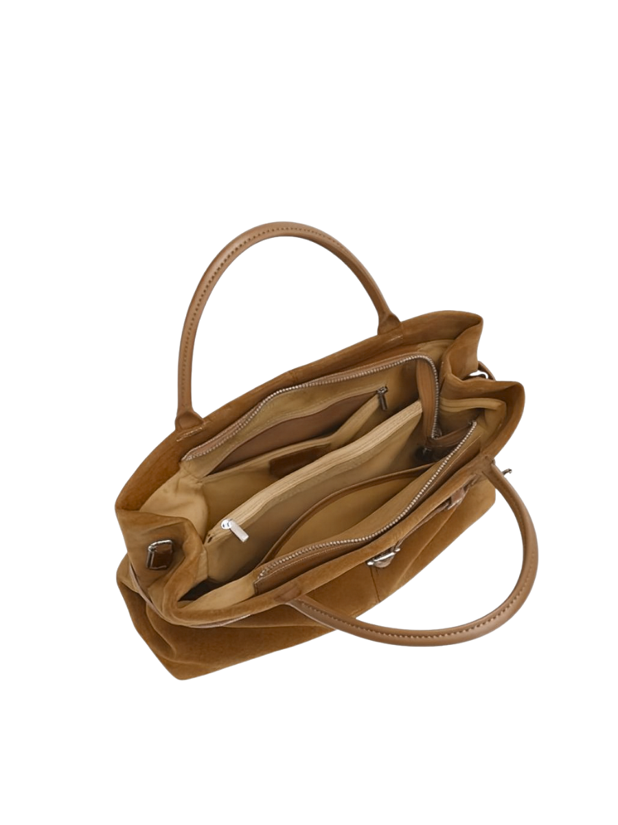 Serena -Ladies suede leather satchel bag, col. Tan
