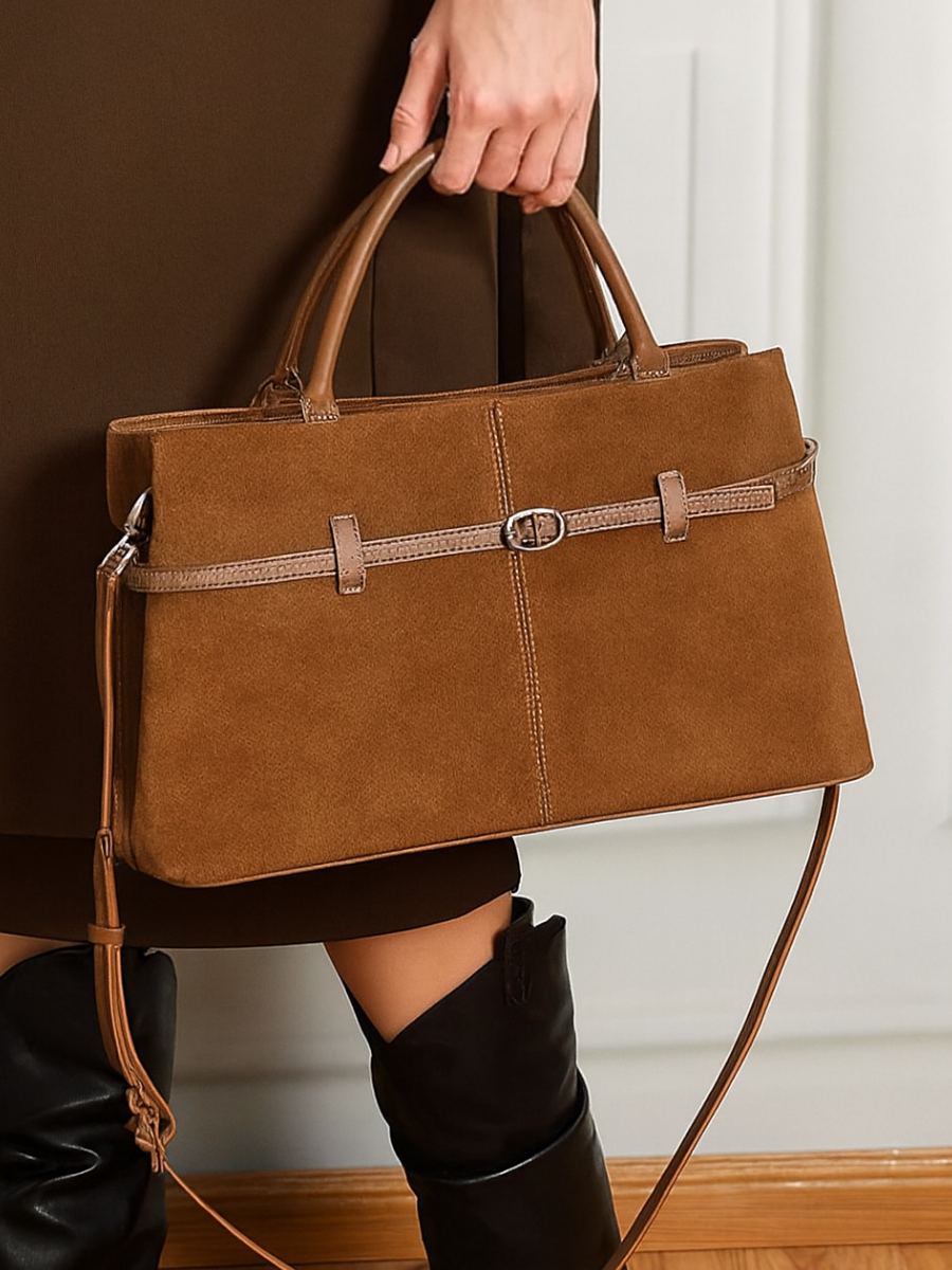 Serena -Ladies suede leather satchel bag, col. Tan