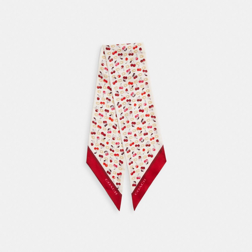 Coach Sculpted C Cherries Print Silk Wide Skinny Scarf Chalk Red