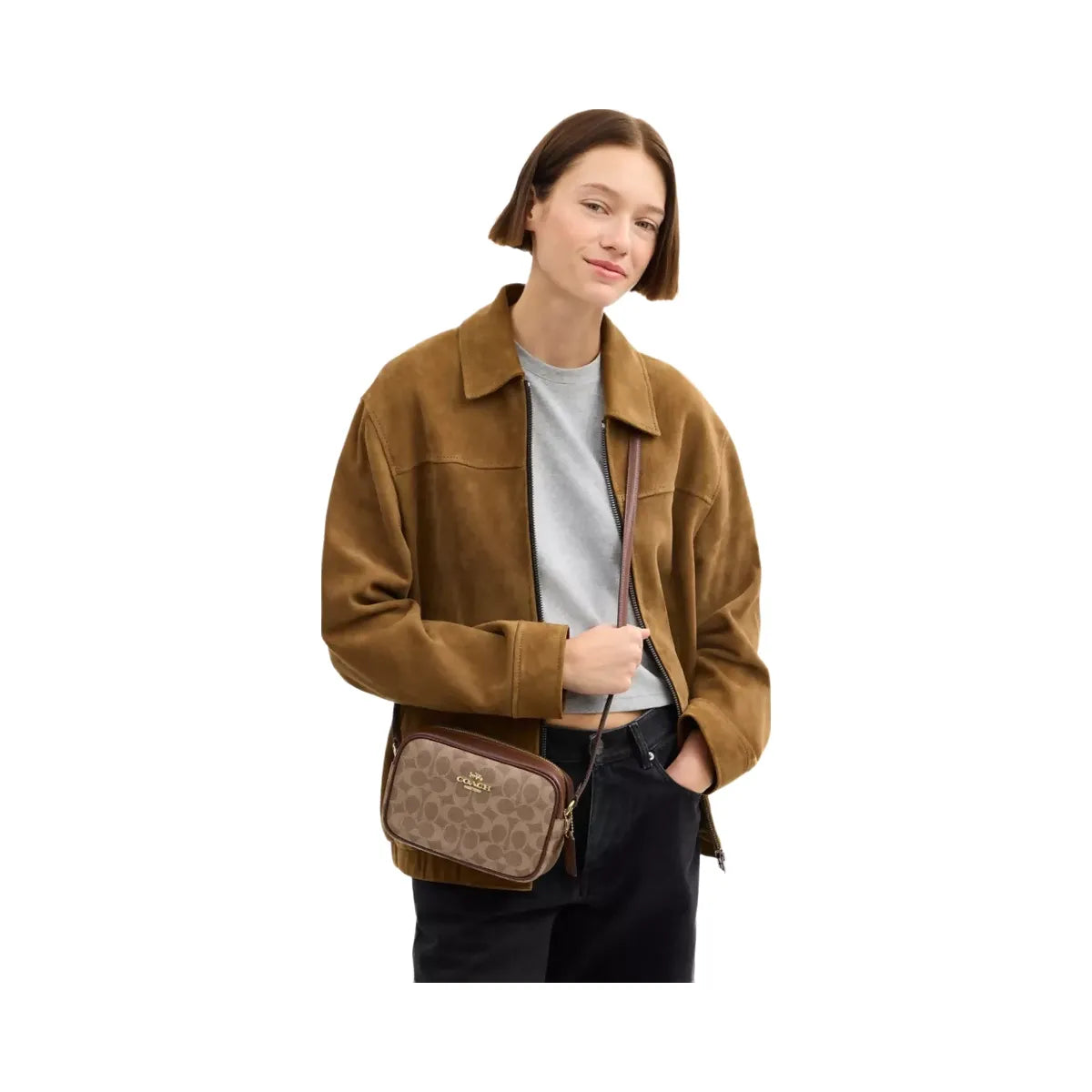 Coach Mini Jamie Camera Bag In Signature Canvas in Gold Tan Brown