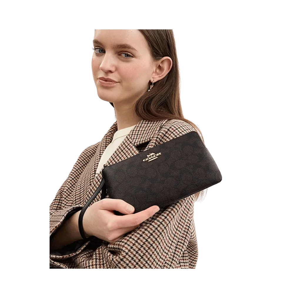Coach Large Corner Zip Wristlet In SIgnature Canvas in Walnut Black